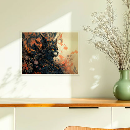 Elegante schwarze Fantasy-Katze mit goldenen Ornamenten und floralen Mustern, mystische Stimmung.. Ohne Rahmen 40x30