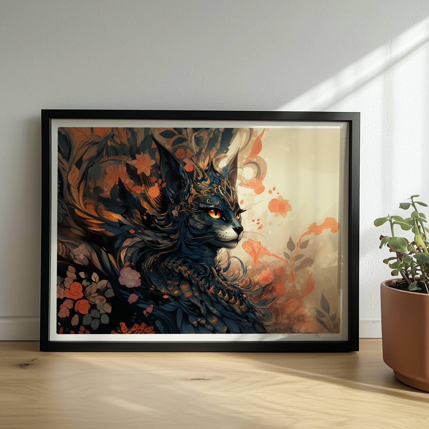 Elegante schwarze Fantasy-Katze mit goldenen Ornamenten und floralen Mustern, mystische Stimmung.. Rahmen schwarz 40x30