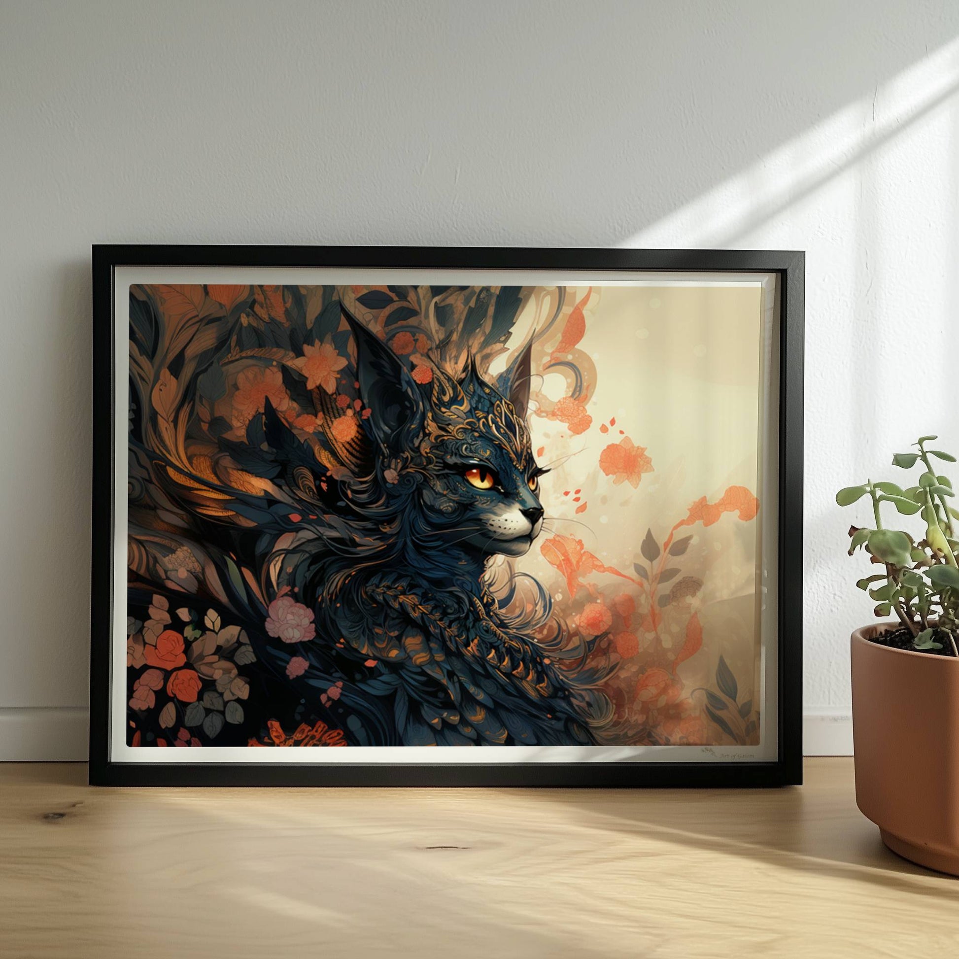 Elegante schwarze Fantasy-Katze mit goldenen Ornamenten und floralen Mustern, mystische Stimmung.. Rahmen schwarz 40x30