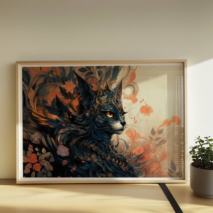 Elegante schwarze Fantasy-Katze mit goldenen Ornamenten und floralen Mustern, mystische Stimmung.. Rahmen natur 70x50