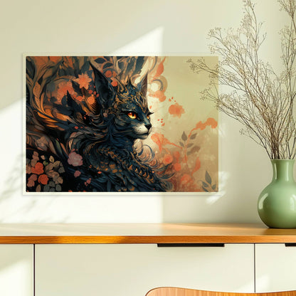 Elegante schwarze Fantasy-Katze mit goldenen Ornamenten und floralen Mustern, mystische Stimmung.. Ohne Rahmen 70x50
