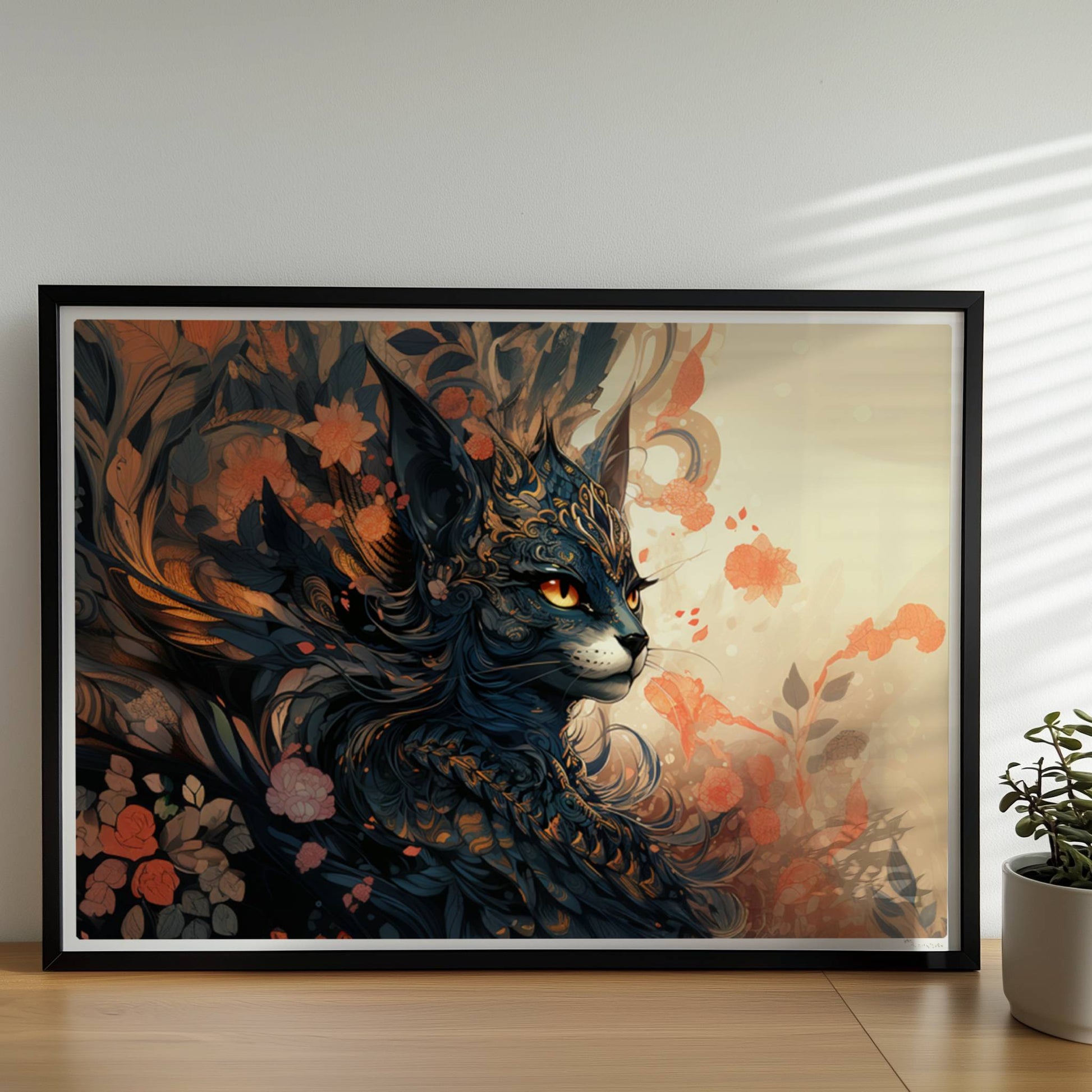 Elegante schwarze Fantasy-Katze mit goldenen Ornamenten und floralen Mustern, mystische Stimmung.. Rahmen schwarz 70x50