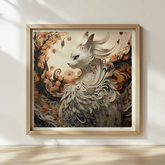 Elegante weiße Fantasy-Katze mit kunstvollen Federn und floralen Ornamenten, edle mystische Ausstrahlung.. Rahmen natur 30x30