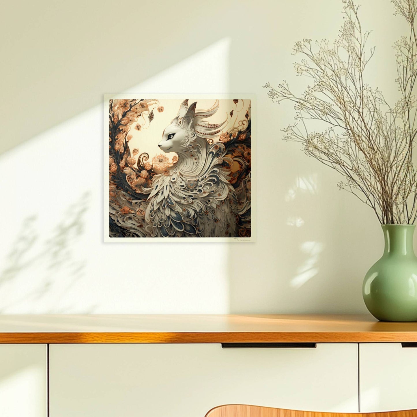 Elegante weiße Fantasy-Katze mit kunstvollen Federn und floralen Ornamenten, edle mystische Ausstrahlung.. Ohne Rahmen 30x30