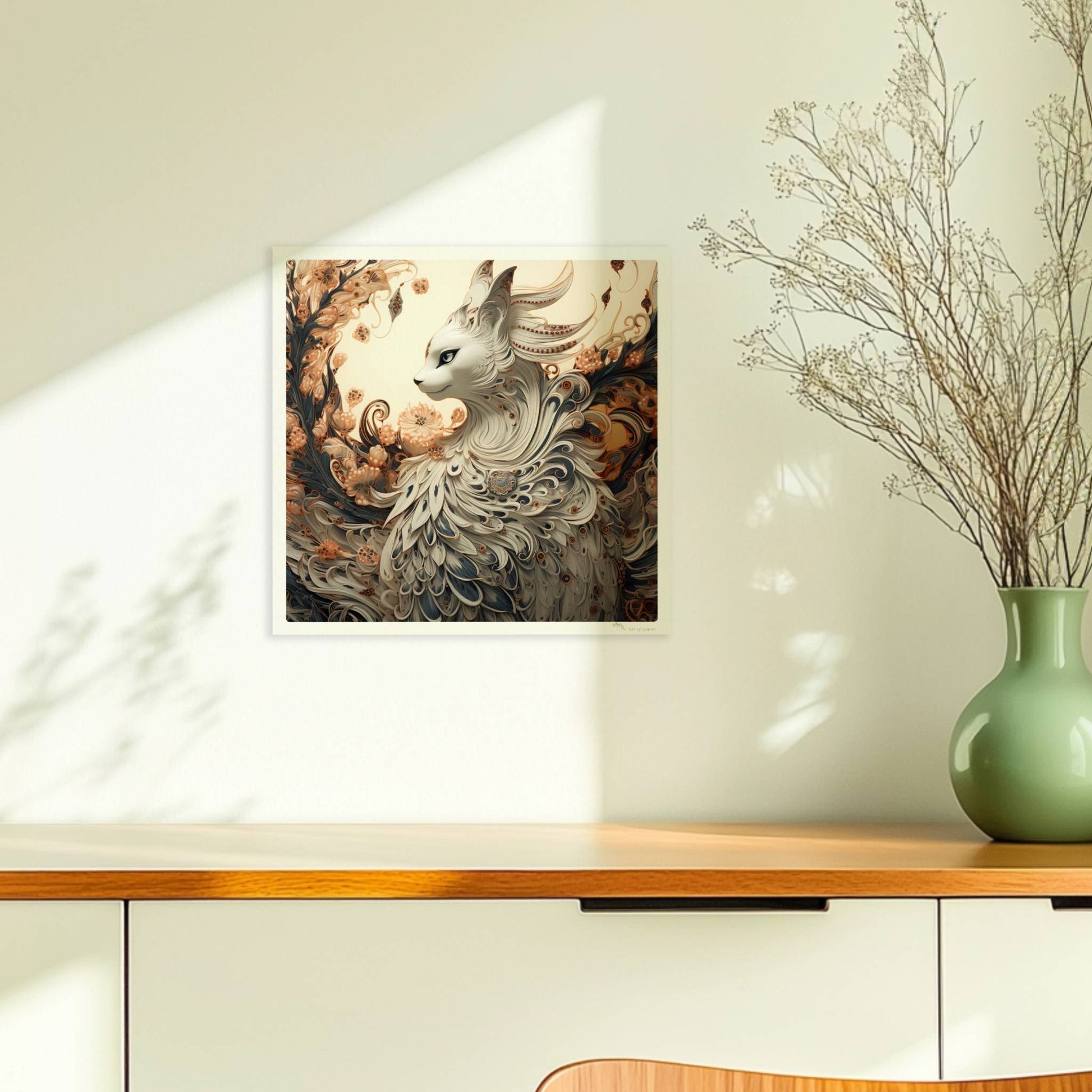 Elegante weiße Fantasy-Katze mit kunstvollen Federn und floralen Ornamenten, edle mystische Ausstrahlung.. Ohne Rahmen 30x30