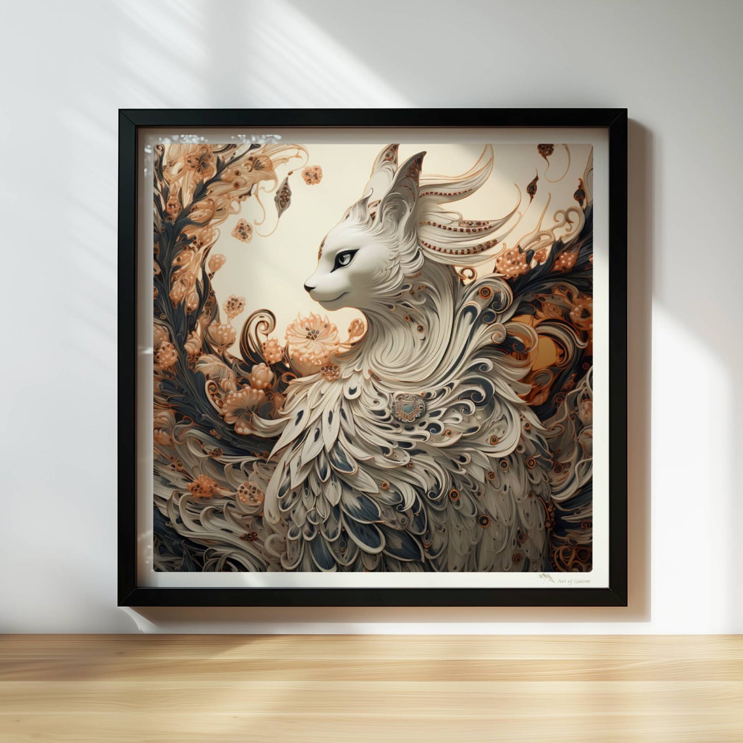 Elegante weiße Fantasy-Katze mit kunstvollen Federn und floralen Ornamenten, edle mystische Ausstrahlung.. Rahmen schwarz 30x30