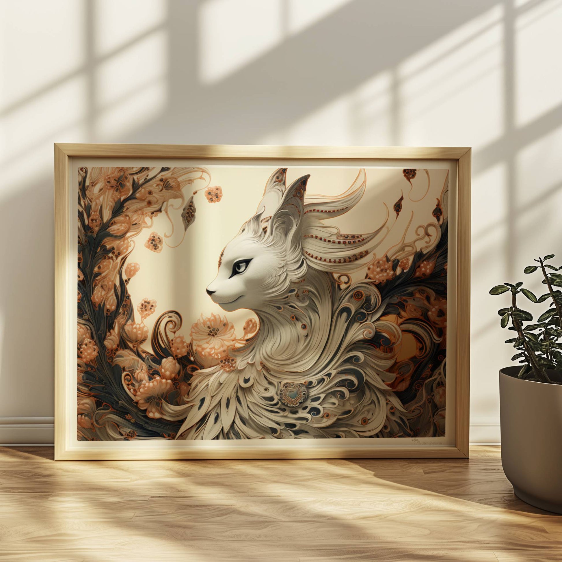 Elegante weiße Fantasy-Katze mit kunstvollen Federn und floralen Ornamenten, edle mystische Ausstrahlung.. Rahmen natur 40x30