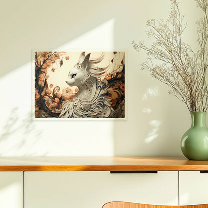 Elegante weiße Fantasy-Katze mit kunstvollen Federn und floralen Ornamenten, edle mystische Ausstrahlung.. Ohne Rahmen 40x30