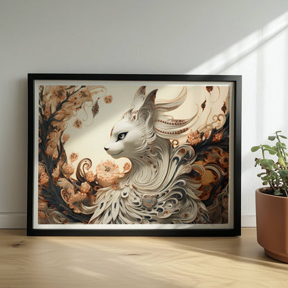 Elegante weiße Fantasy-Katze mit kunstvollen Federn und floralen Ornamenten, edle mystische Ausstrahlung.. Rahmen schwarz 40x30