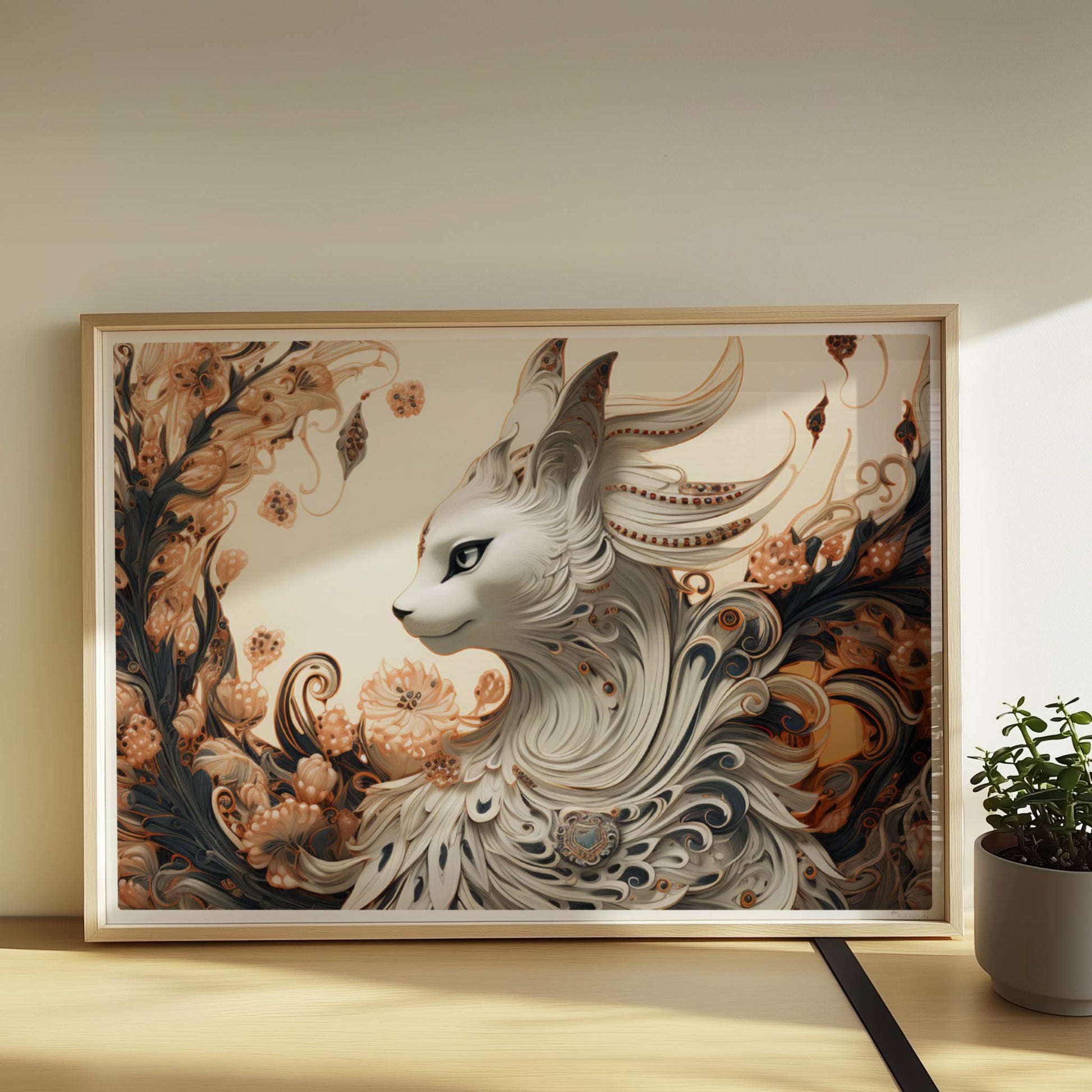 Elegante weiße Fantasy-Katze mit kunstvollen Federn und floralen Ornamenten, edle mystische Ausstrahlung.. Rahmen natur 70x50