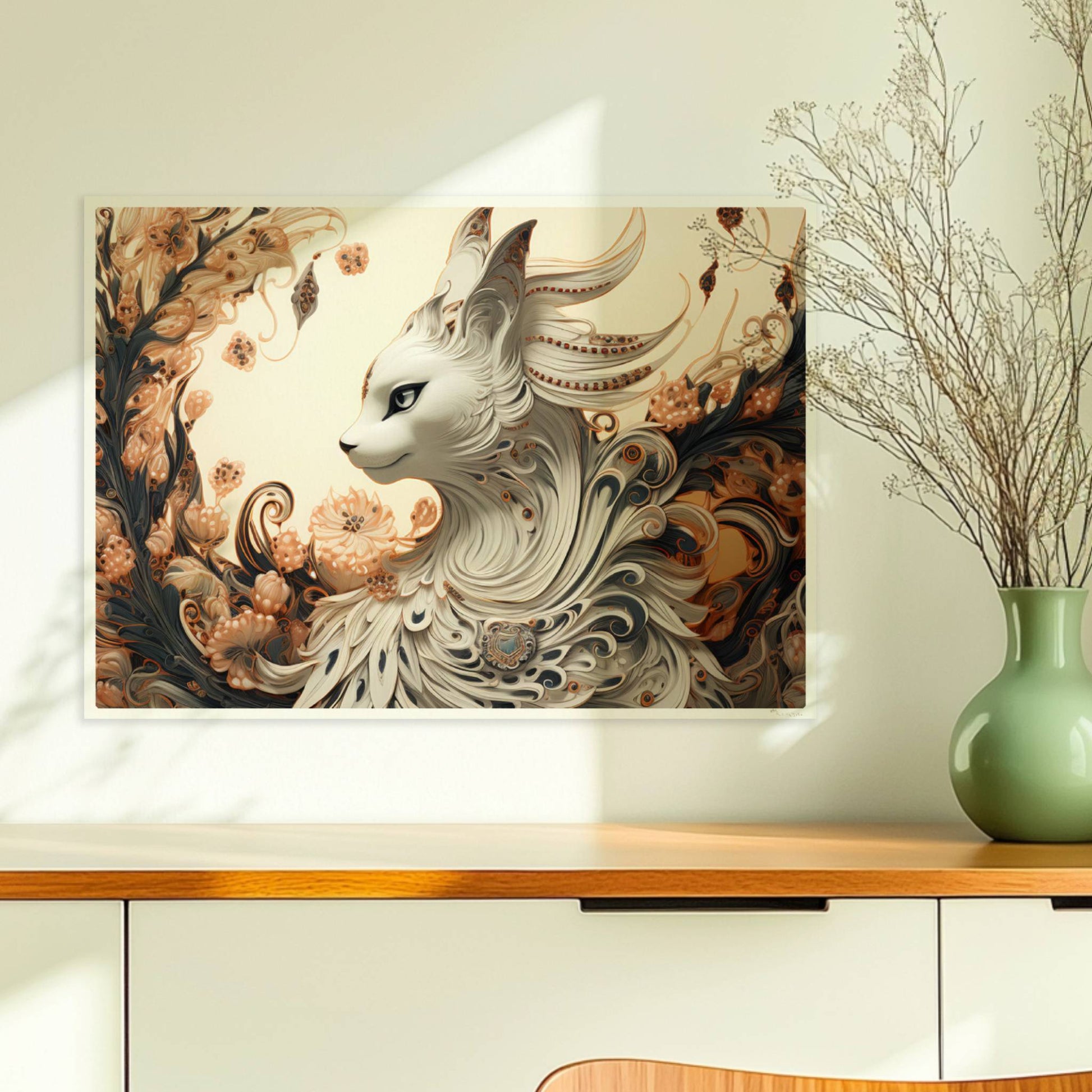 Elegante weiße Fantasy-Katze mit kunstvollen Federn und floralen Ornamenten, edle mystische Ausstrahlung.. Ohne Rahmen 70x50
