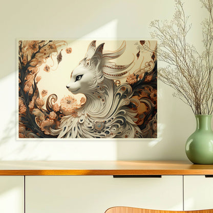 Elegante weiße Fantasy-Katze mit kunstvollen Federn und floralen Ornamenten, edle mystische Ausstrahlung.. Ohne Rahmen 70x50