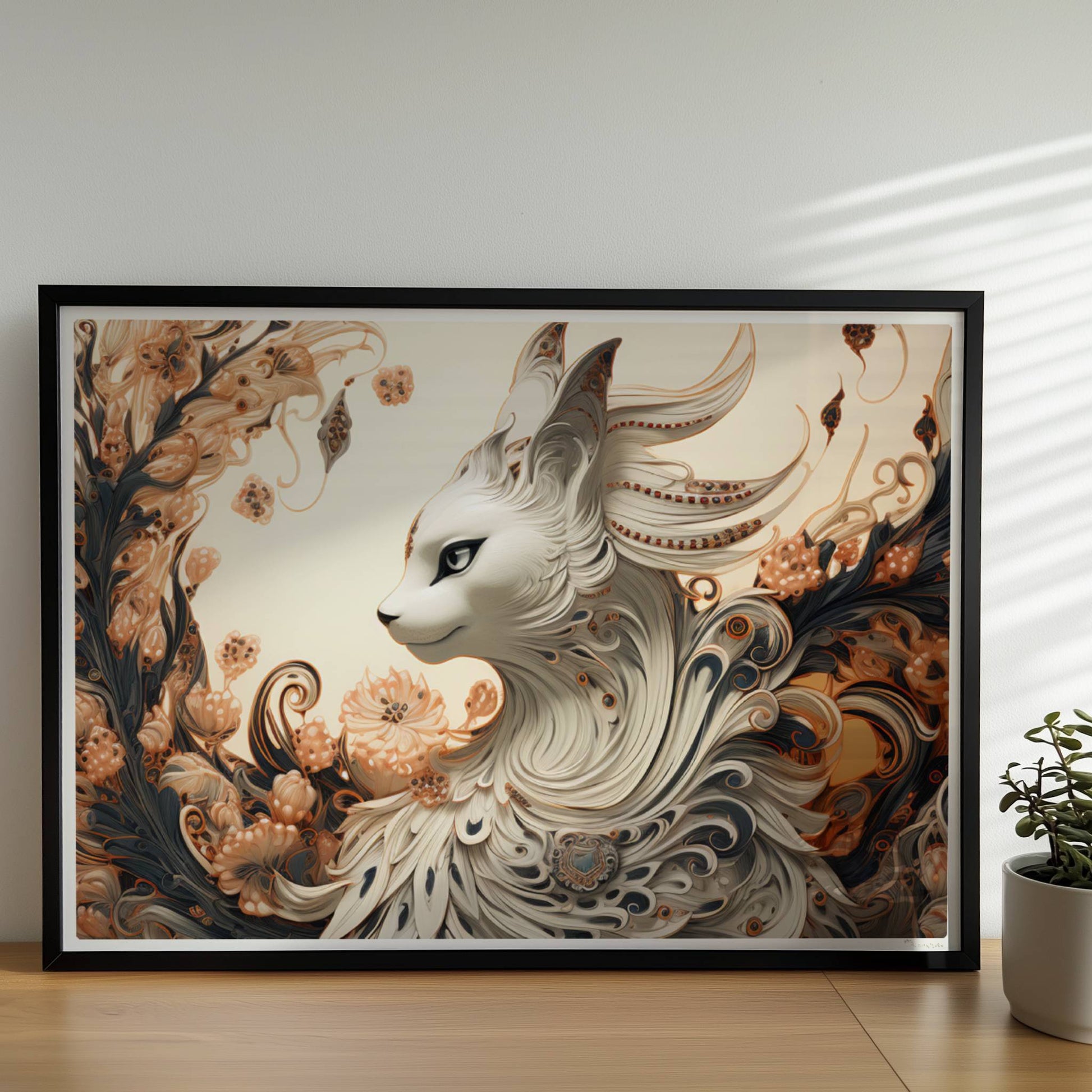 Elegante weiße Fantasy-Katze mit kunstvollen Federn und floralen Ornamenten, edle mystische Ausstrahlung.. Rahmen schwarz 70x50