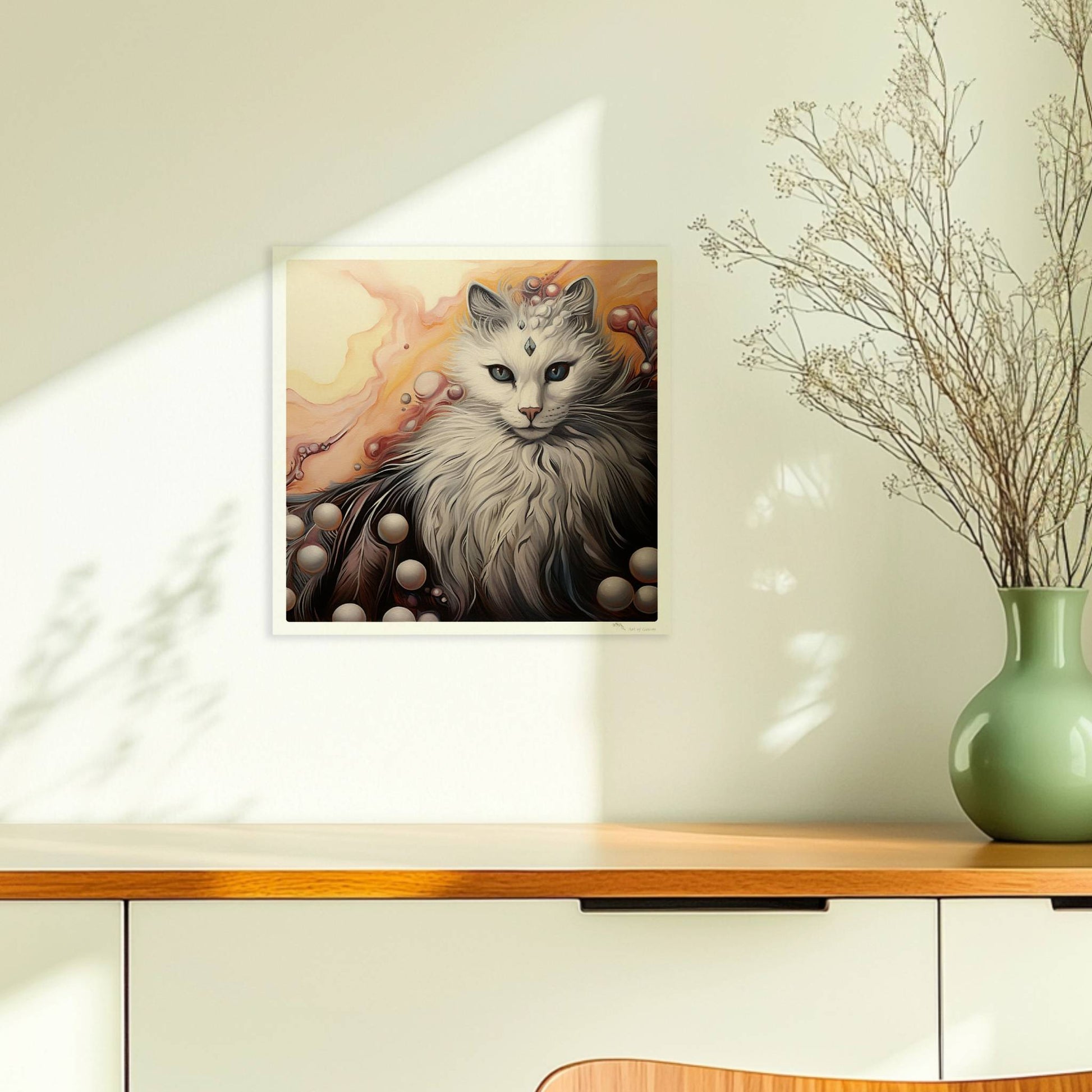 Wunderschönes weißes Katzenportrait mit fließenden Pastell- und Perlenakzenten, elegantes Fantasy-Wandbild.. Ohne Rahmen 30x30