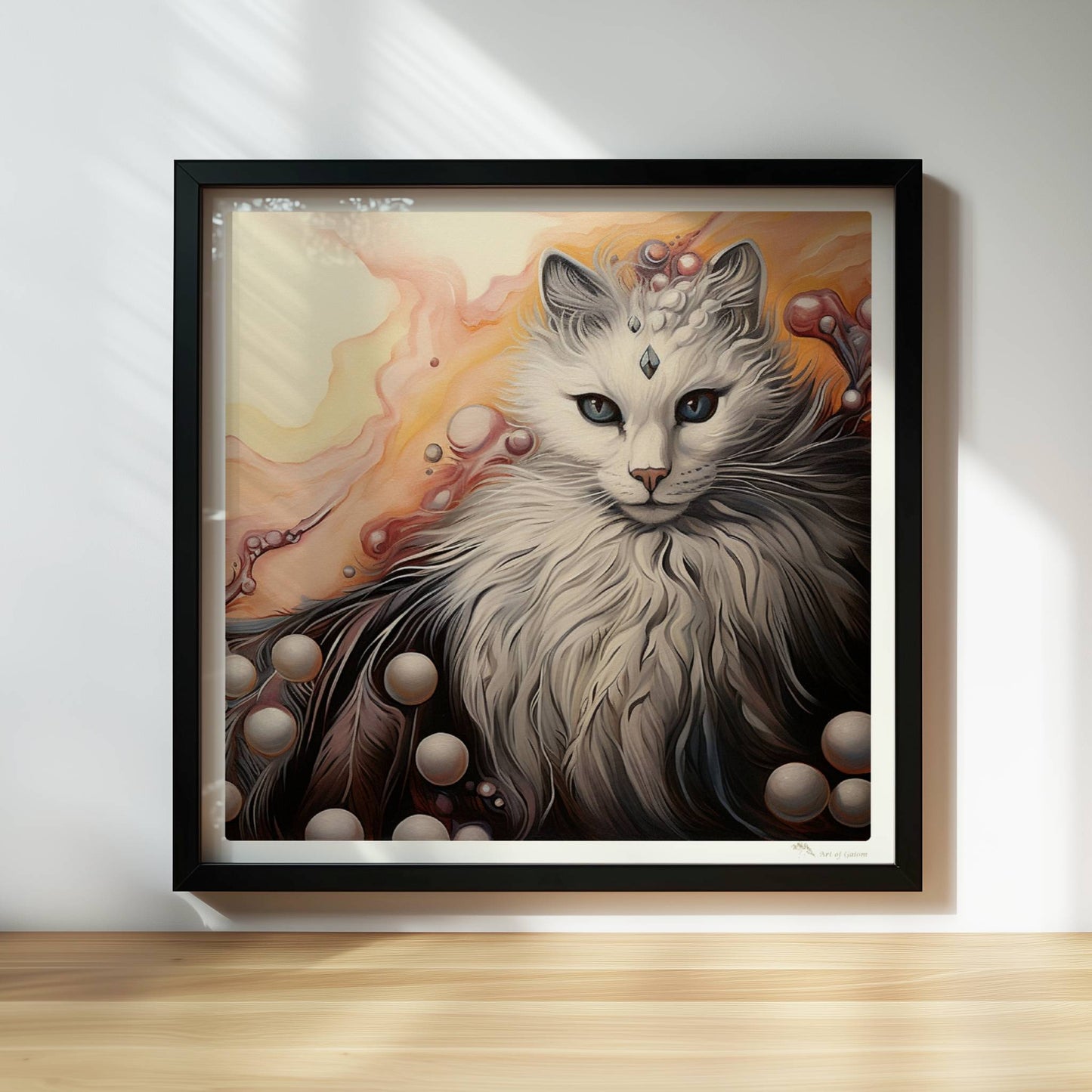 Wunderschönes weißes Katzenportrait mit fließenden Pastell- und Perlenakzenten, elegantes Fantasy-Wandbild.. Rahmen schwarz 30x30