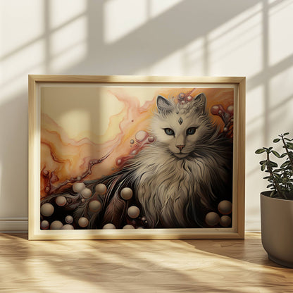 Wunderschönes weißes Katzenportrait mit fließenden Pastell- und Perlenakzenten, elegantes Fantasy-Wandbild.. Rahmen natur 40x30