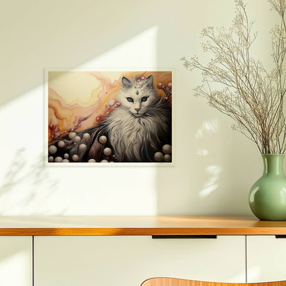 Wunderschönes weißes Katzenportrait mit fließenden Pastell- und Perlenakzenten, elegantes Fantasy-Wandbild.. Ohne Rahmen 40x30