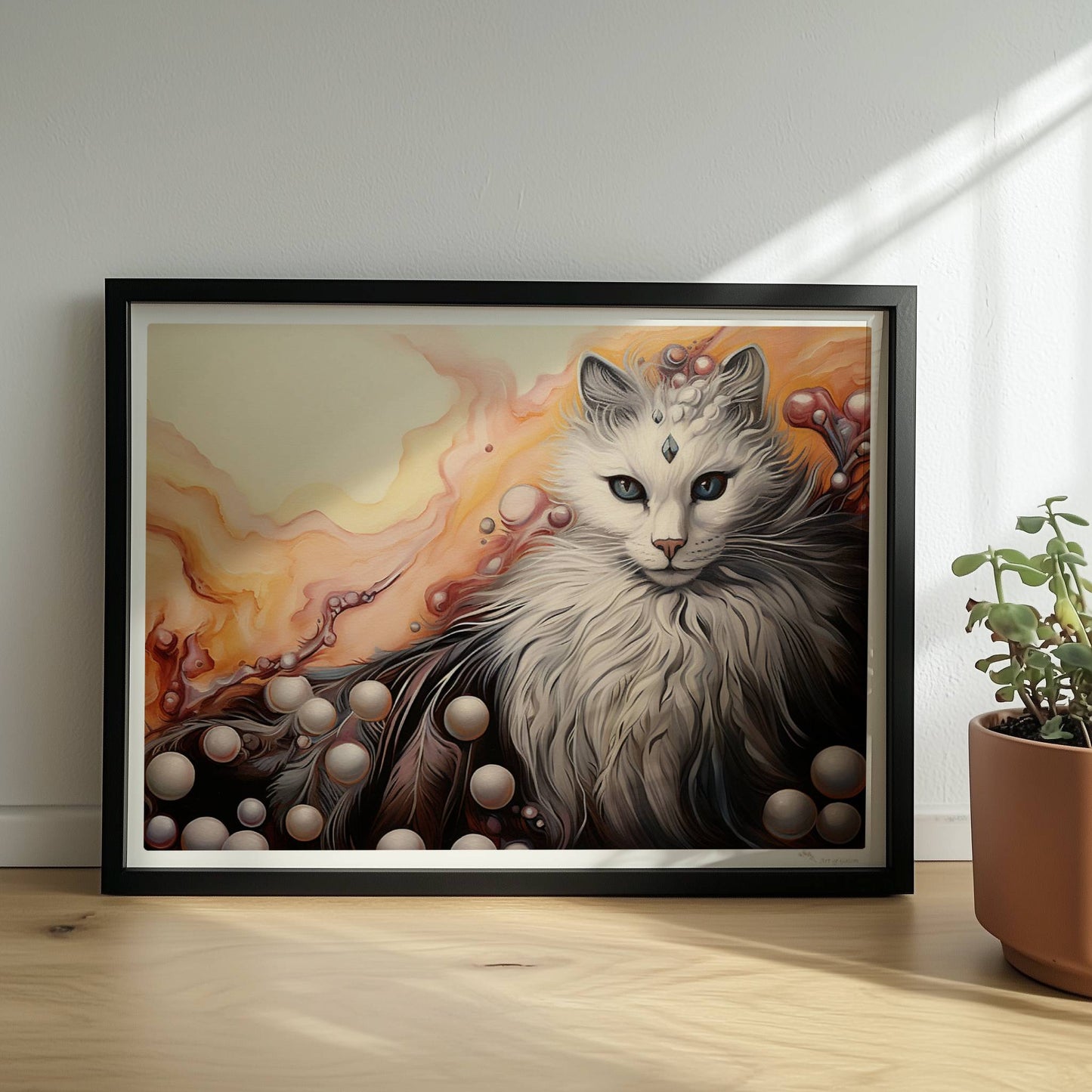 Wunderschönes weißes Katzenportrait mit fließenden Pastell- und Perlenakzenten, elegantes Fantasy-Wandbild.. Rahmen schwarz 40x30