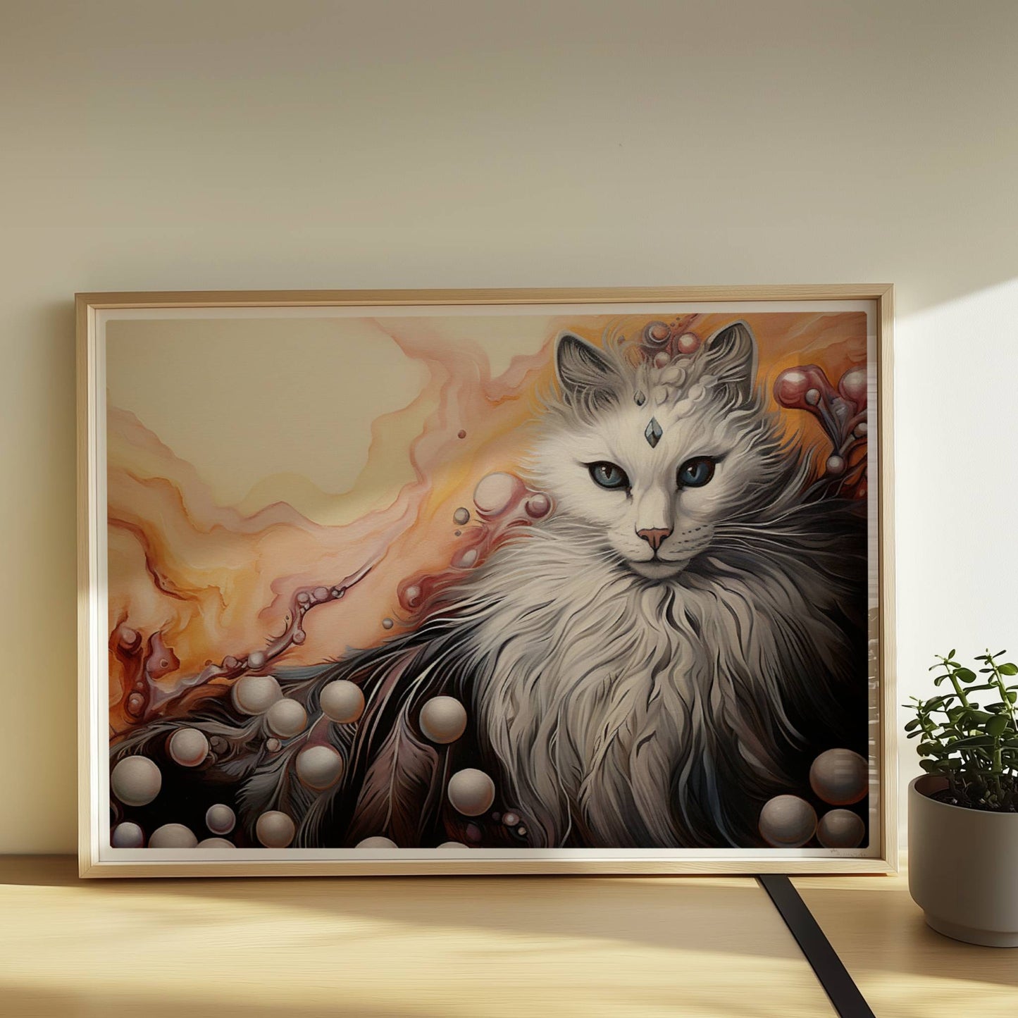 Wunderschönes weißes Katzenportrait mit fließenden Pastell- und Perlenakzenten, elegantes Fantasy-Wandbild.. Rahmen natur 70x50