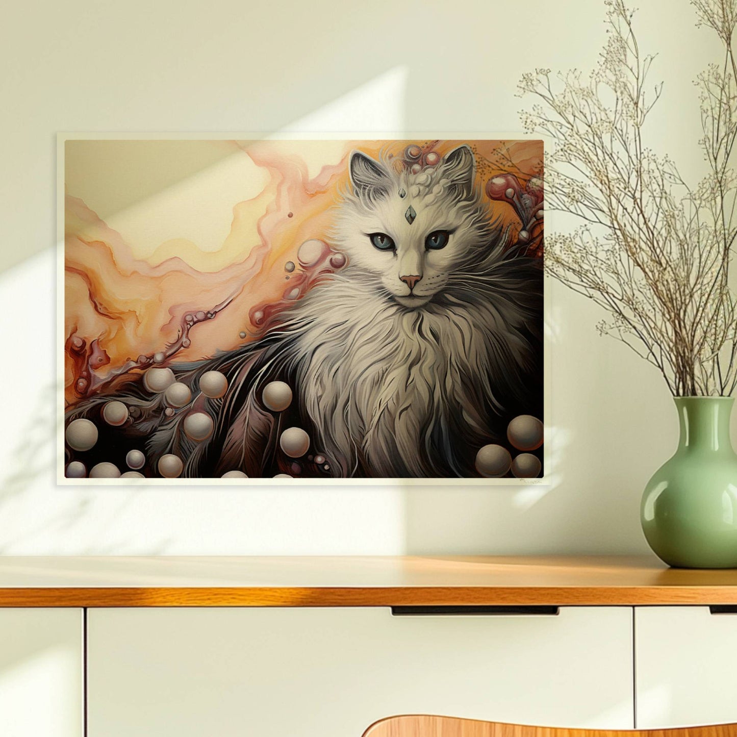 Wunderschönes weißes Katzenportrait mit fließenden Pastell- und Perlenakzenten, elegantes Fantasy-Wandbild.. Ohne Rahmen 70x50