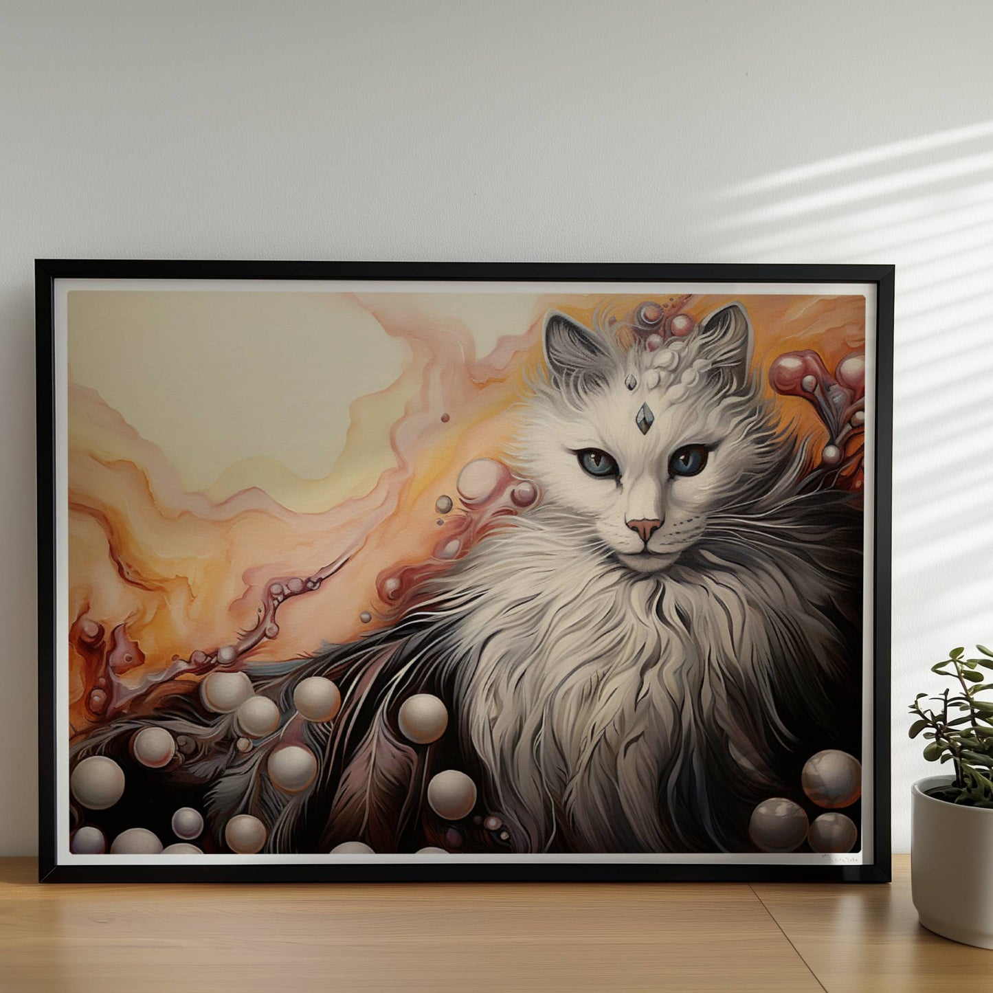 Wunderschönes weißes Katzenportrait mit fließenden Pastell- und Perlenakzenten, elegantes Fantasy-Wandbild.. Rahmen schwarz 70x50
