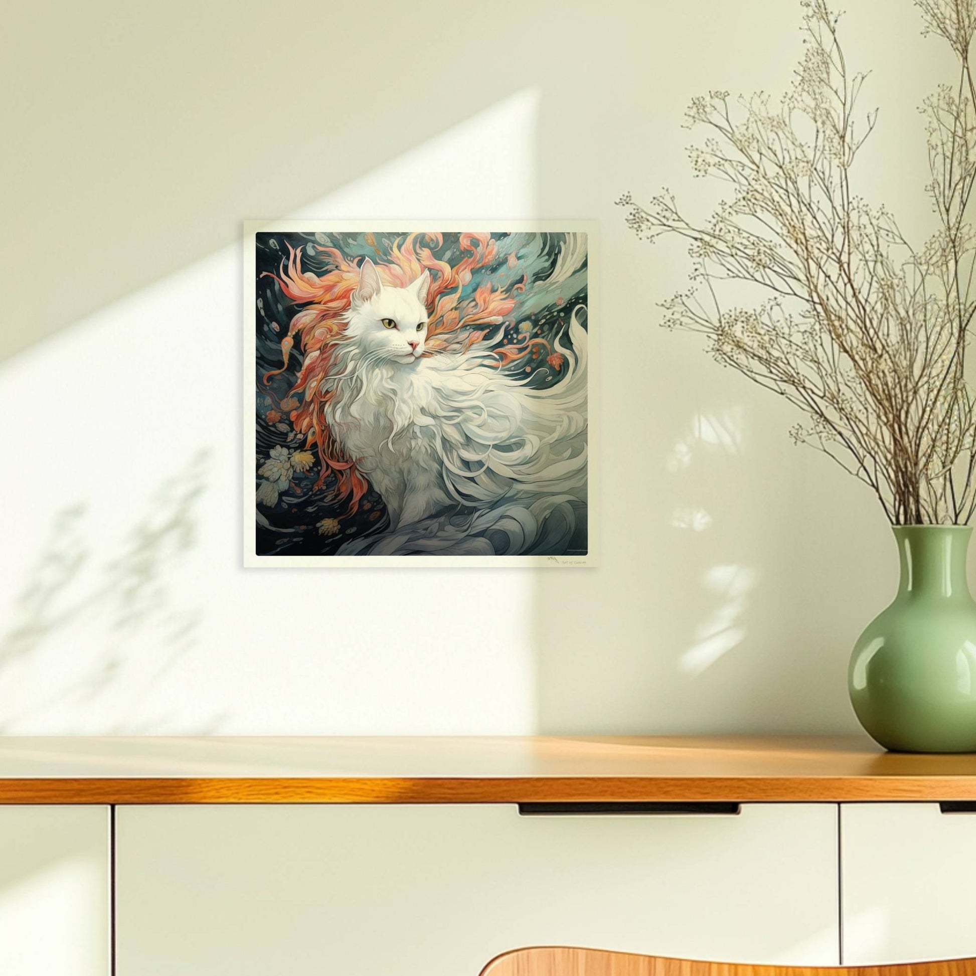 Majestätisches weißes Katzenportrait mit fließendem Fell und feurigen Akzenten, traumhaftes Fantasy-Wandbild.. Ohne Rahmen 30x30