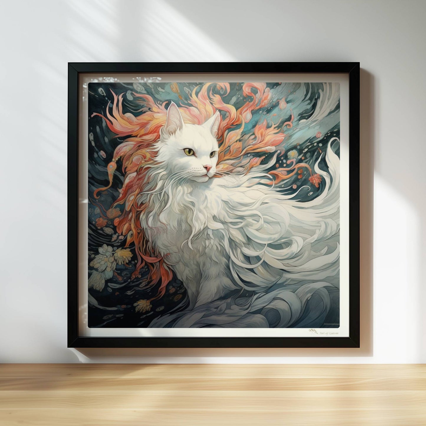 Majestätisches weißes Katzenportrait mit fließendem Fell und feurigen Akzenten, traumhaftes Fantasy-Wandbild.. Rahmen schwarz 30x30