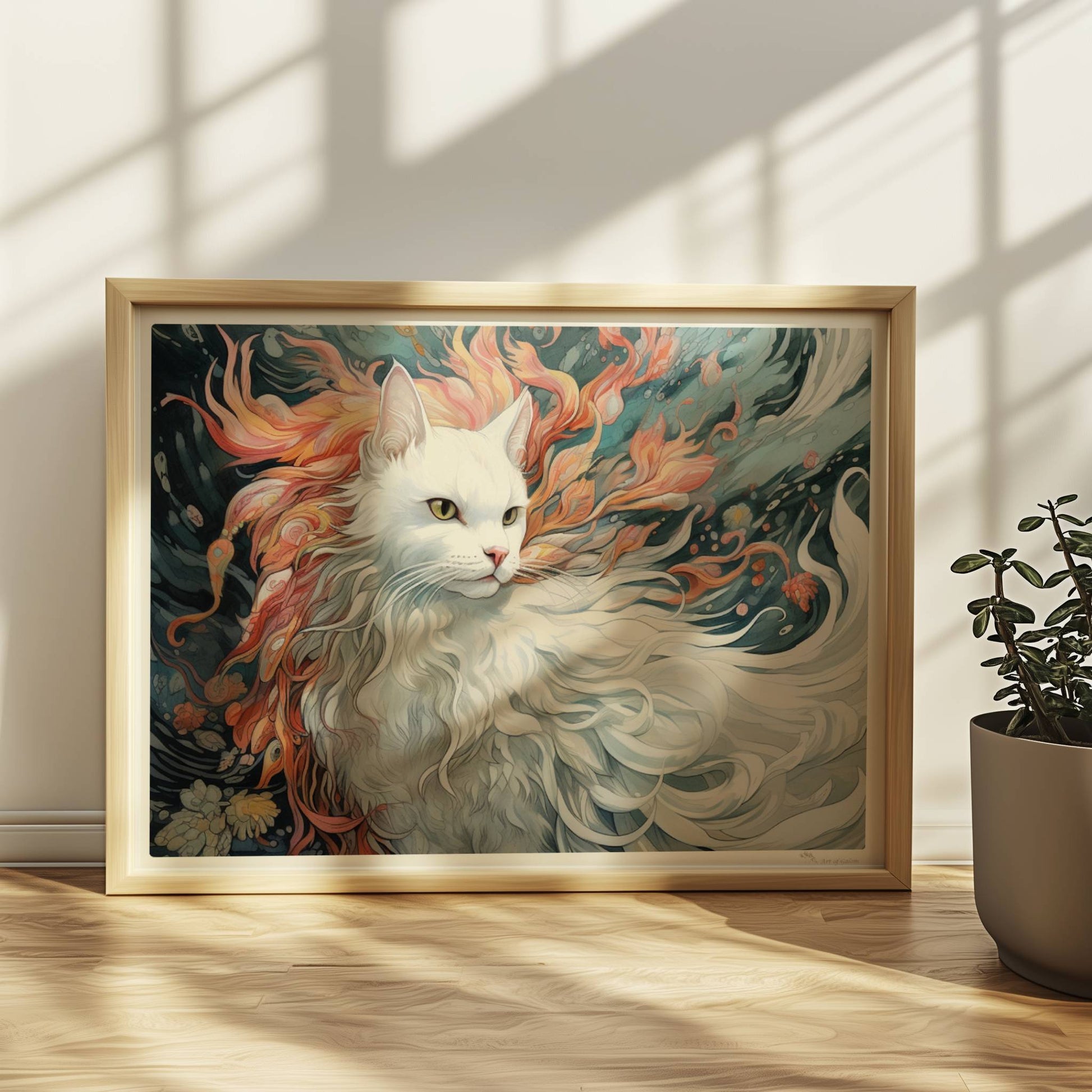Majestätisches weißes Katzenportrait mit fließendem Fell und feurigen Akzenten, traumhaftes Fantasy-Wandbild.. Rahmen natur 40x30