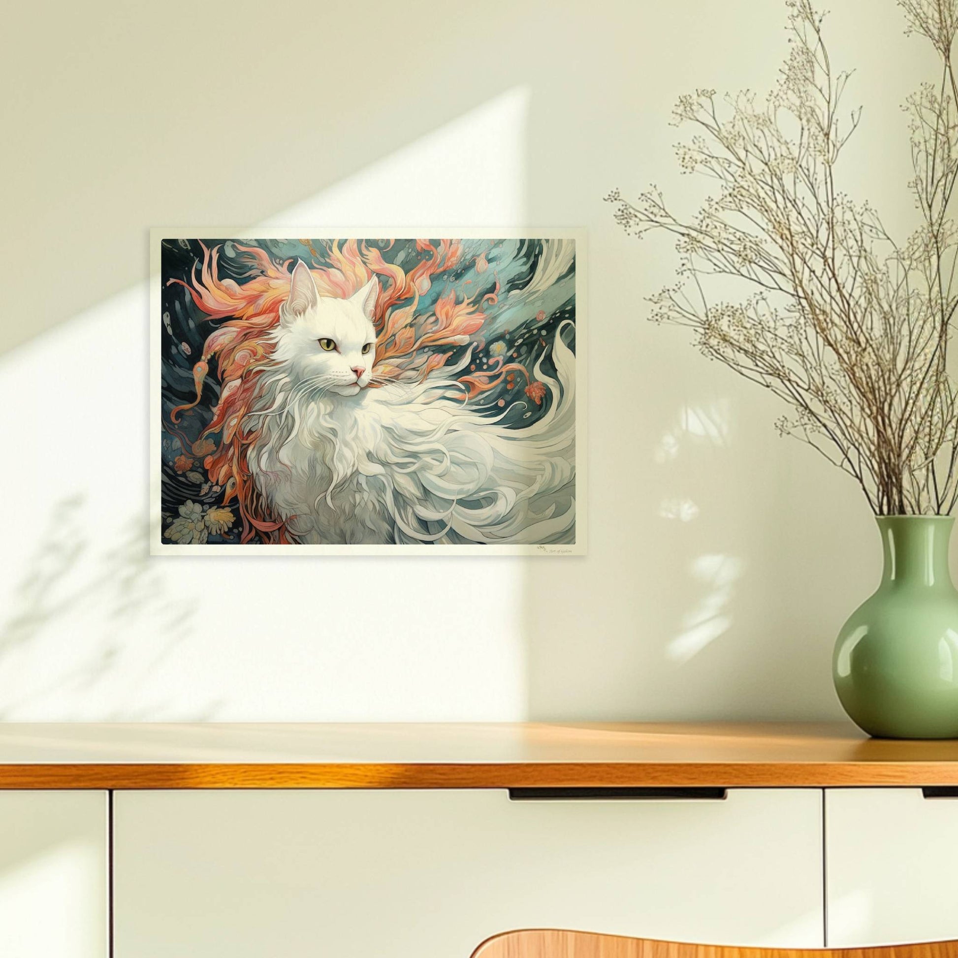 Majestätisches weißes Katzenportrait mit fließendem Fell und feurigen Akzenten, traumhaftes Fantasy-Wandbild.. Ohne Rahmen 40x30