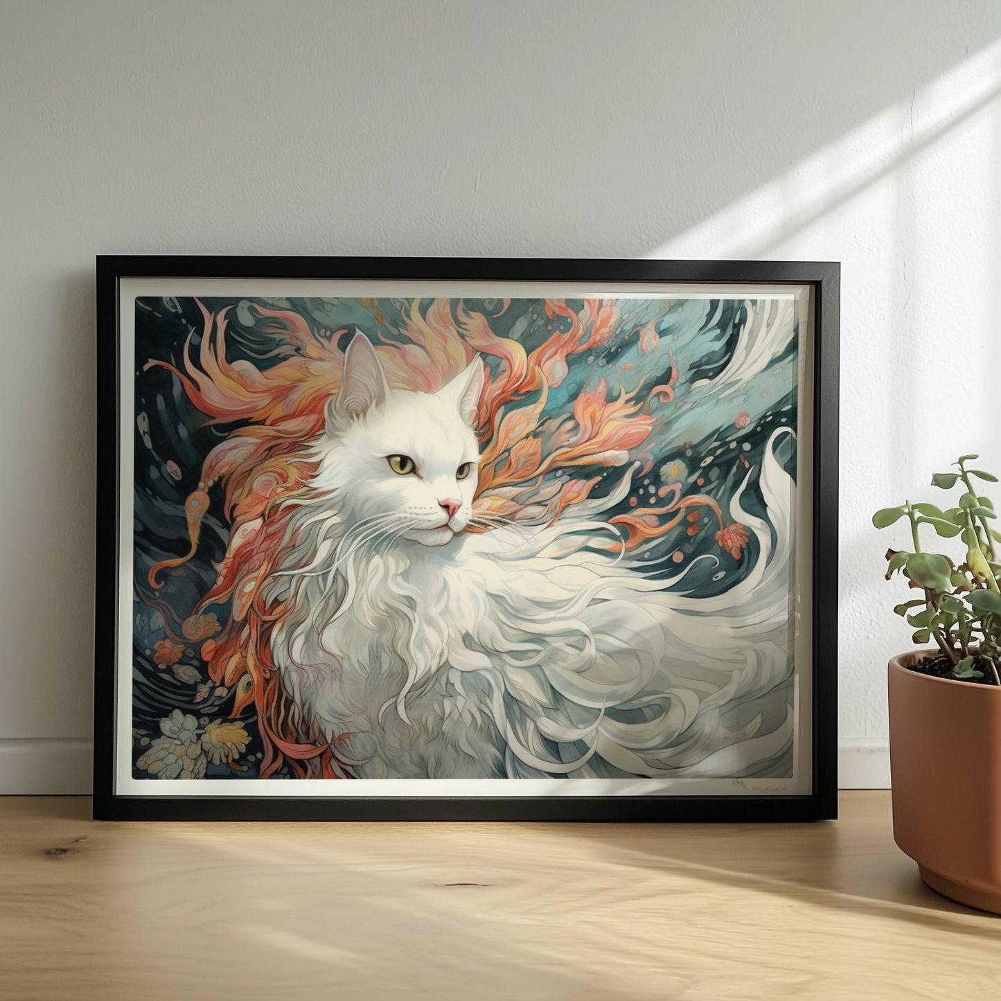 Majestätisches weißes Katzenportrait mit fließendem Fell und feurigen Akzenten, traumhaftes Fantasy-Wandbild.. Rahmen schwarz 40x30