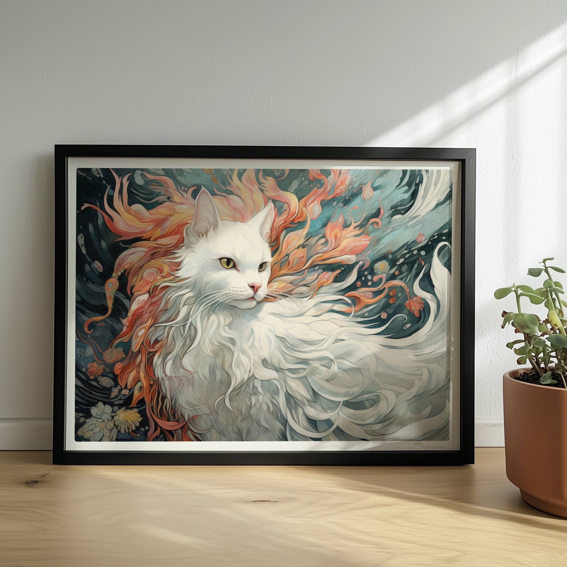 Majestätisches weißes Katzenportrait mit fließendem Fell und feurigen Akzenten, traumhaftes Fantasy-Wandbild.. Rahmen schwarz 40x30