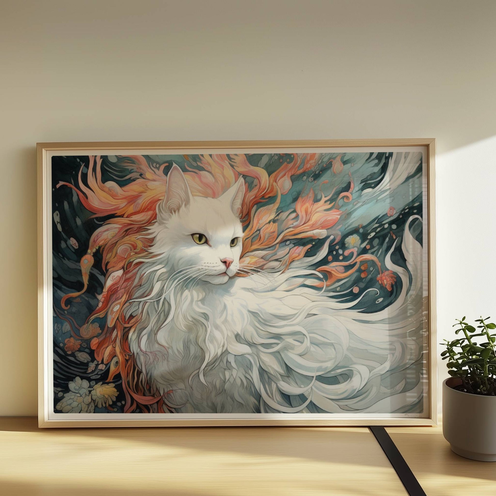 Majestätisches weißes Katzenportrait mit fließendem Fell und feurigen Akzenten, traumhaftes Fantasy-Wandbild.. Rahmen natur 70x50