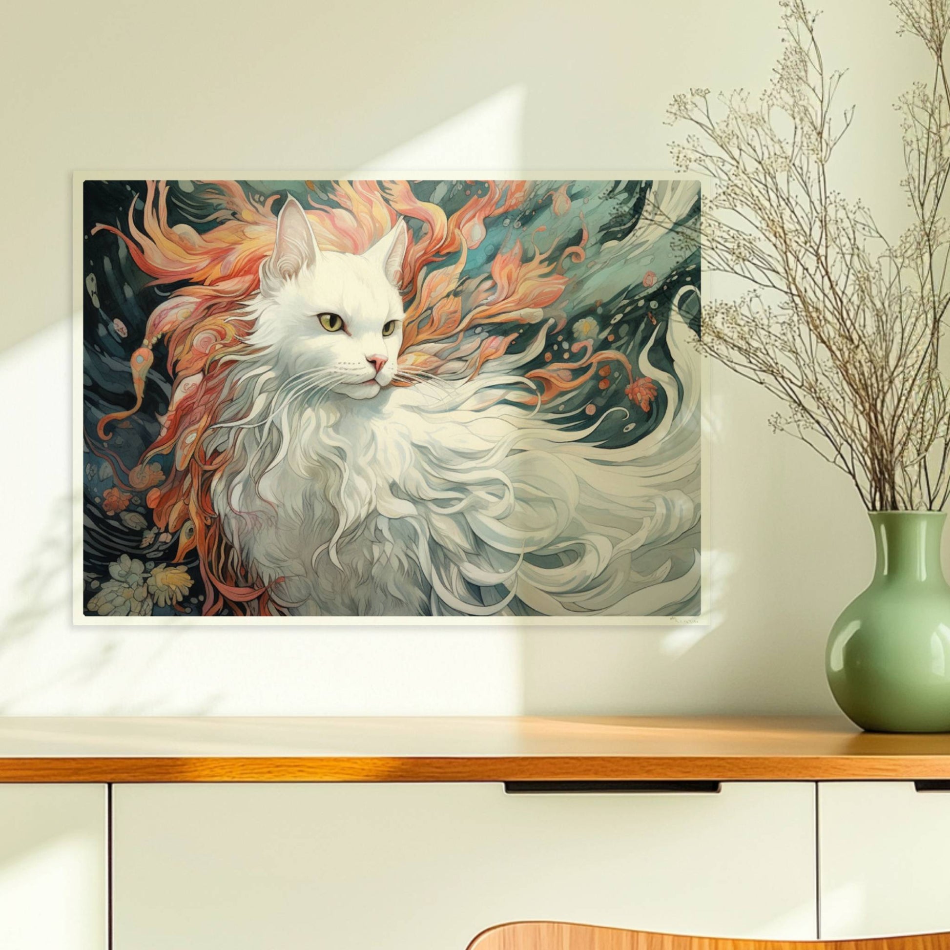 Majestätisches weißes Katzenportrait mit fließendem Fell und feurigen Akzenten, traumhaftes Fantasy-Wandbild.. Ohne Rahmen 70x50