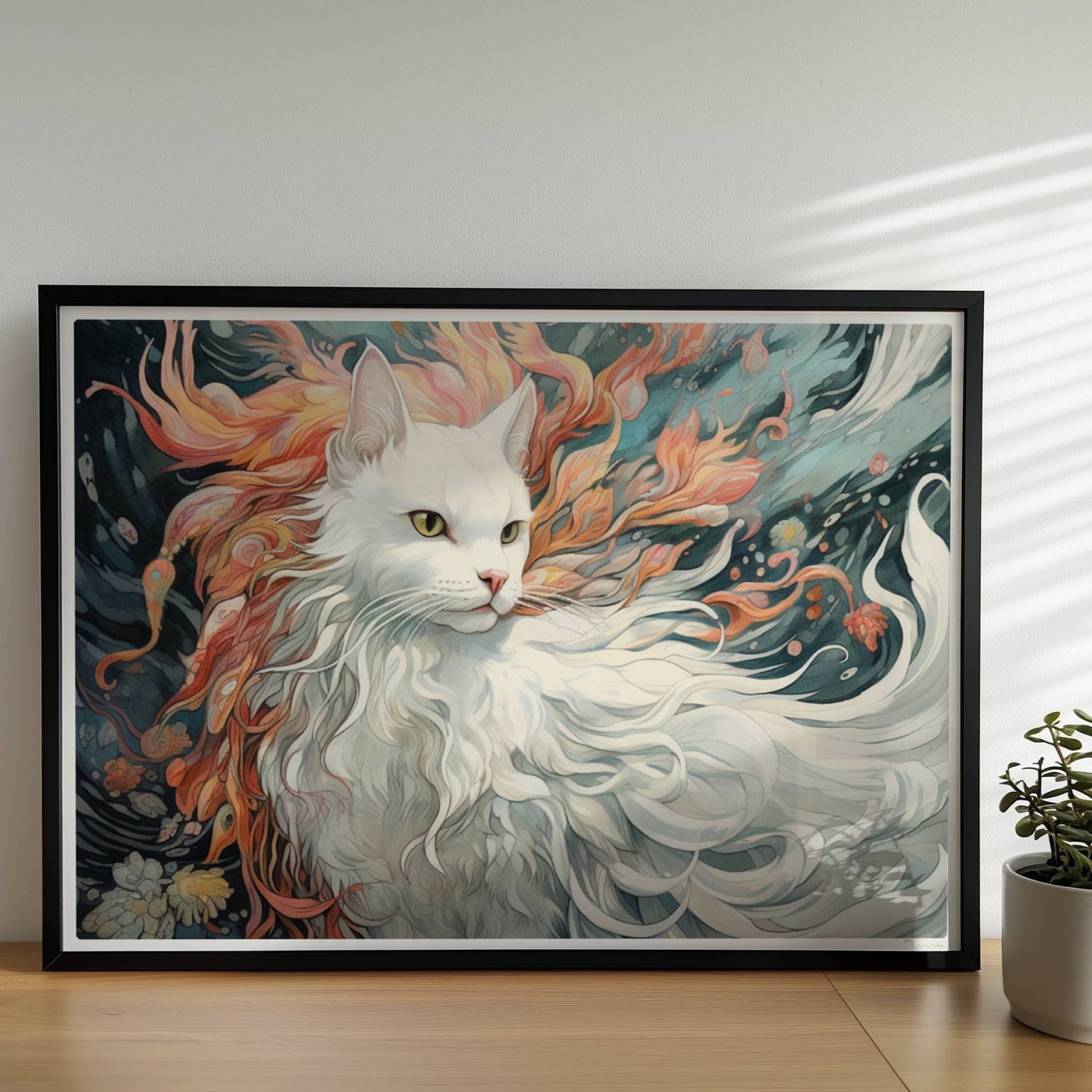 Majestätisches weißes Katzenportrait mit fließendem Fell und feurigen Akzenten, traumhaftes Fantasy-Wandbild.. Rahmen schwarz 70x50