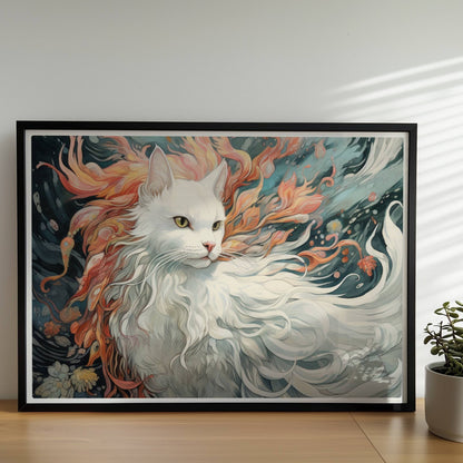 Majestätisches weißes Katzenportrait mit fließendem Fell und feurigen Akzenten, traumhaftes Fantasy-Wandbild.. Rahmen schwarz 70x50