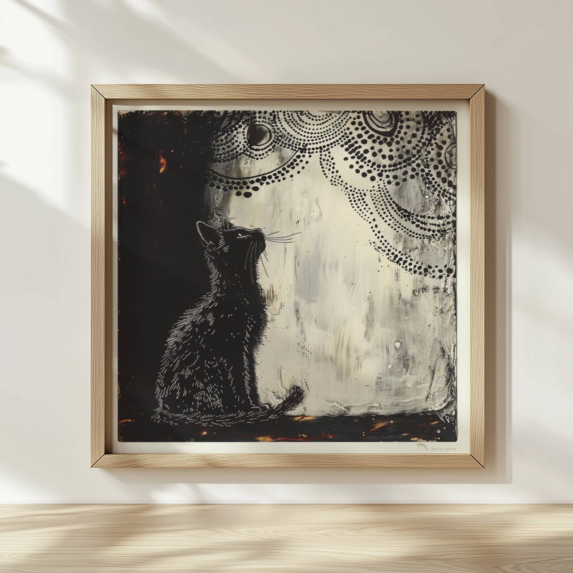 Weiße Katze im kosmischen Nachthimmel mit Mond. Rahmen natur 30x30