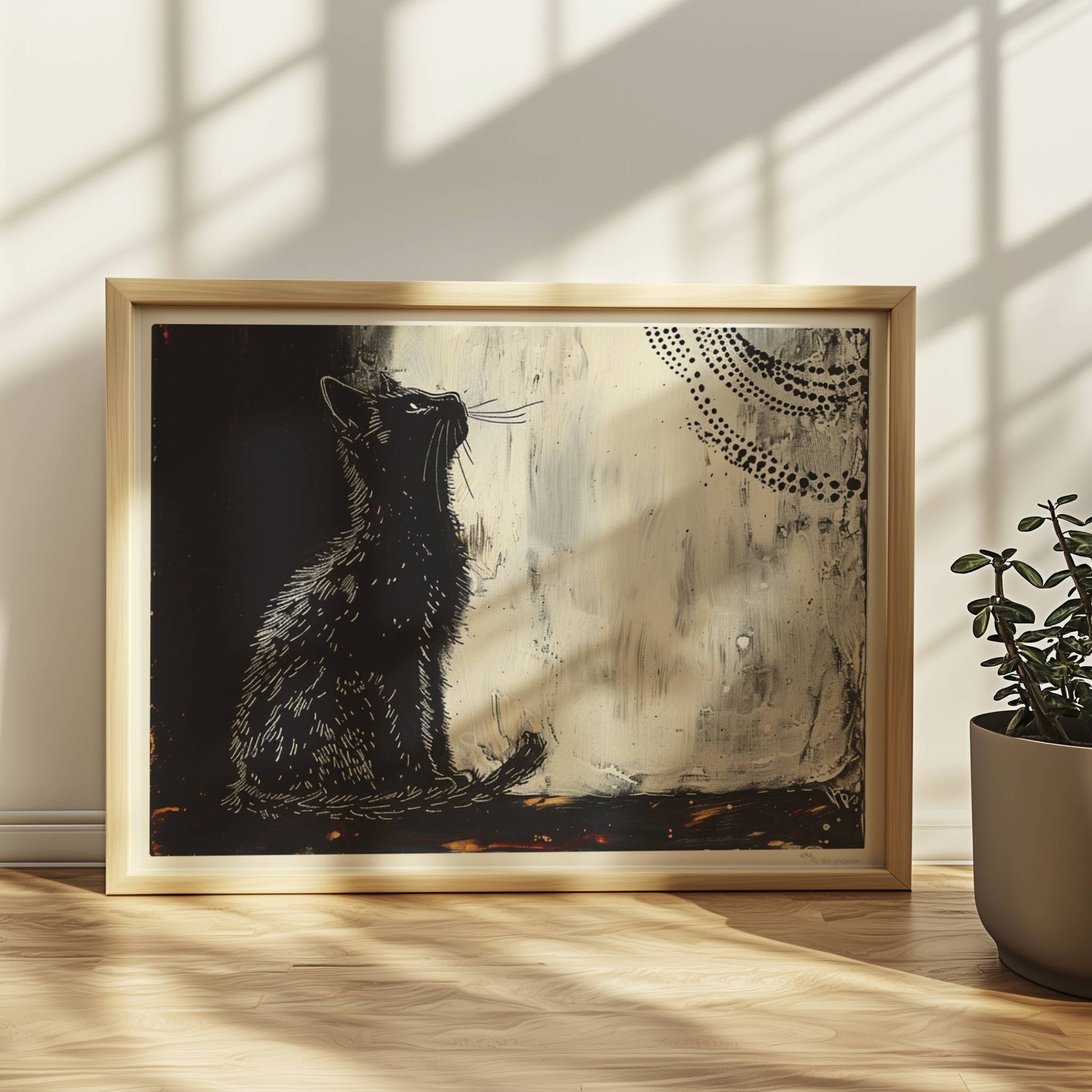 Weiße Katze im kosmischen Nachthimmel mit Mond. Rahmen natur 40x30