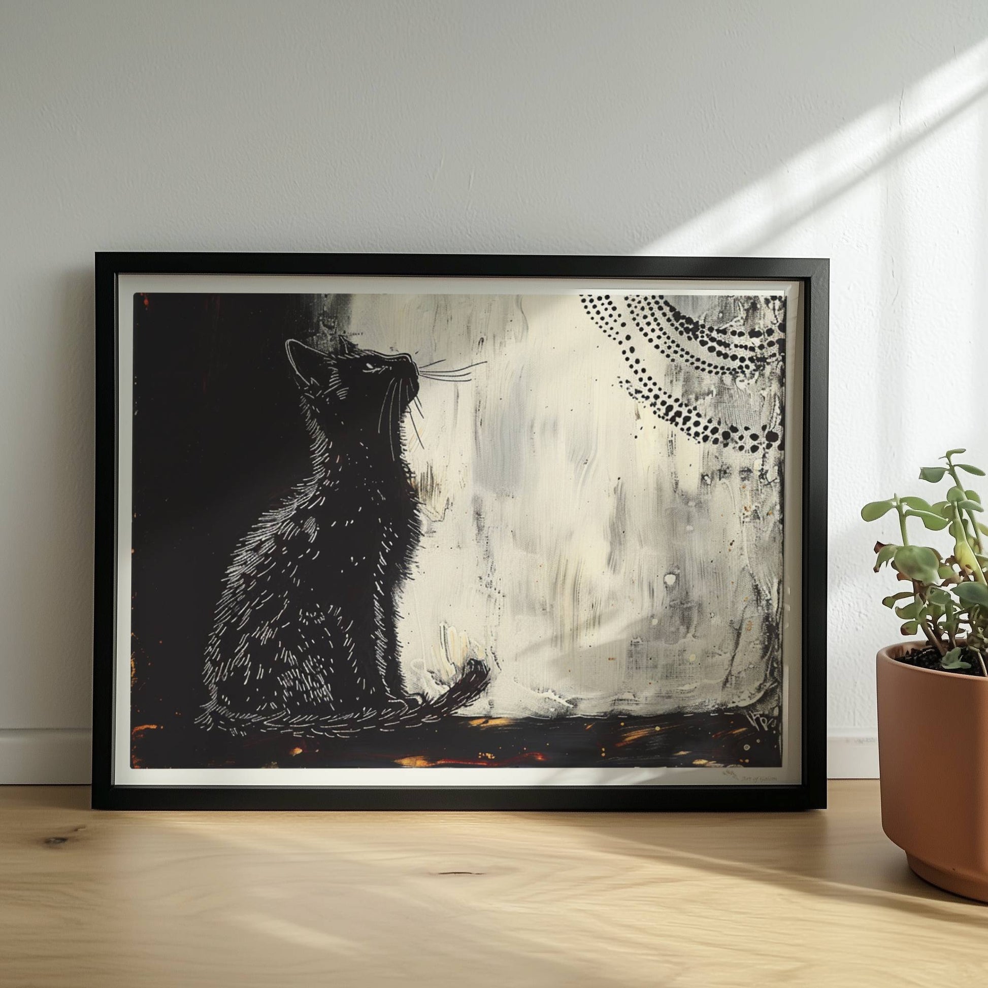 Weiße Katze im kosmischen Nachthimmel mit Mond. Rahmen schwarz 40x30