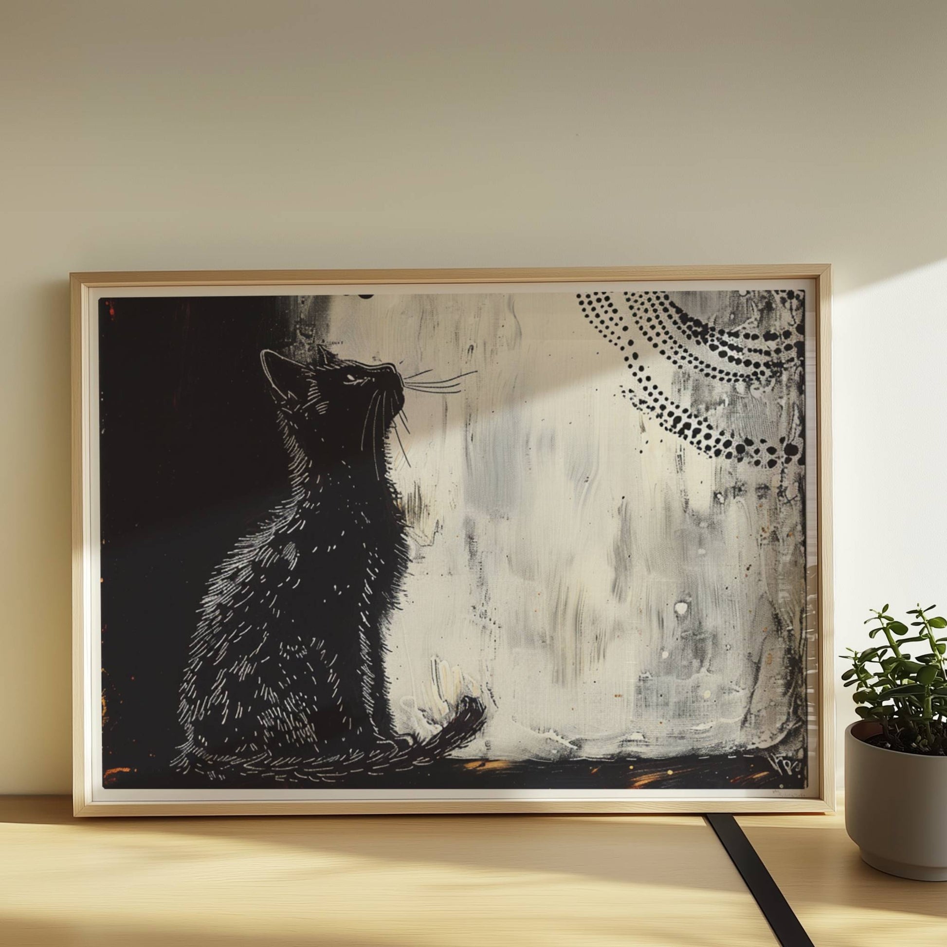 Weiße Katze im kosmischen Nachthimmel mit Mond. Rahmen natur 70x50