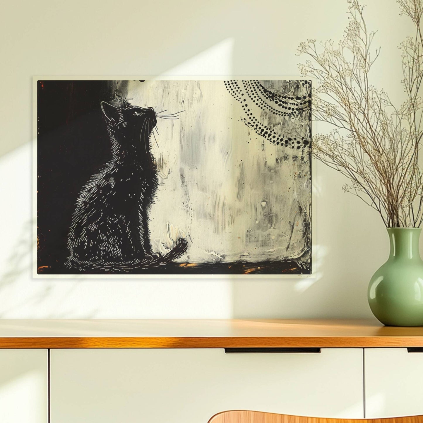 Weiße Katze im kosmischen Nachthimmel mit Mond. Ohne Rahmen 70x50