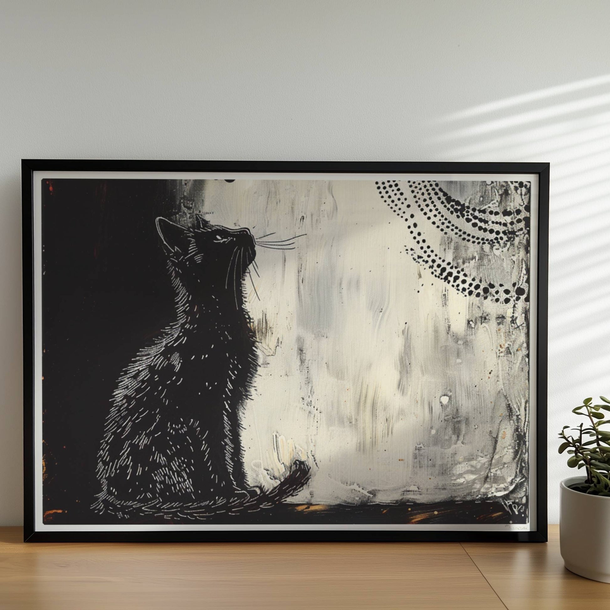 Weiße Katze im kosmischen Nachthimmel mit Mond. Rahmen schwarz 70x50