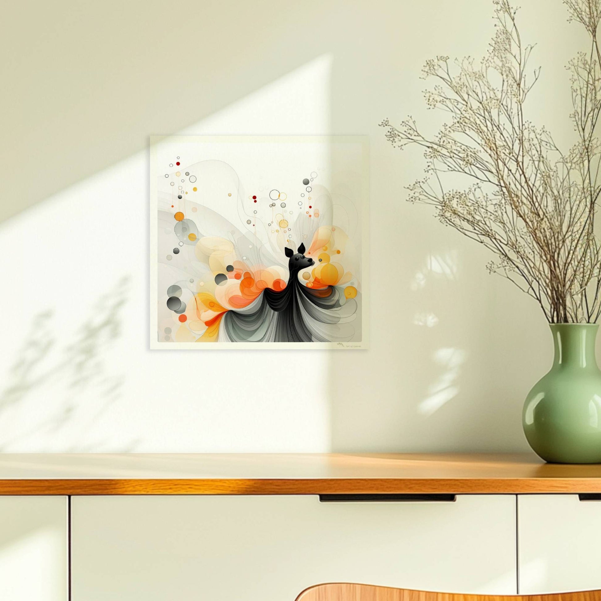 Verspielte Vektorgrafik eines kleinen Hundes mit abstrakten Blasen und Farbverläufen in Orange und Schwarz.. Ohne Rahmen 30x30