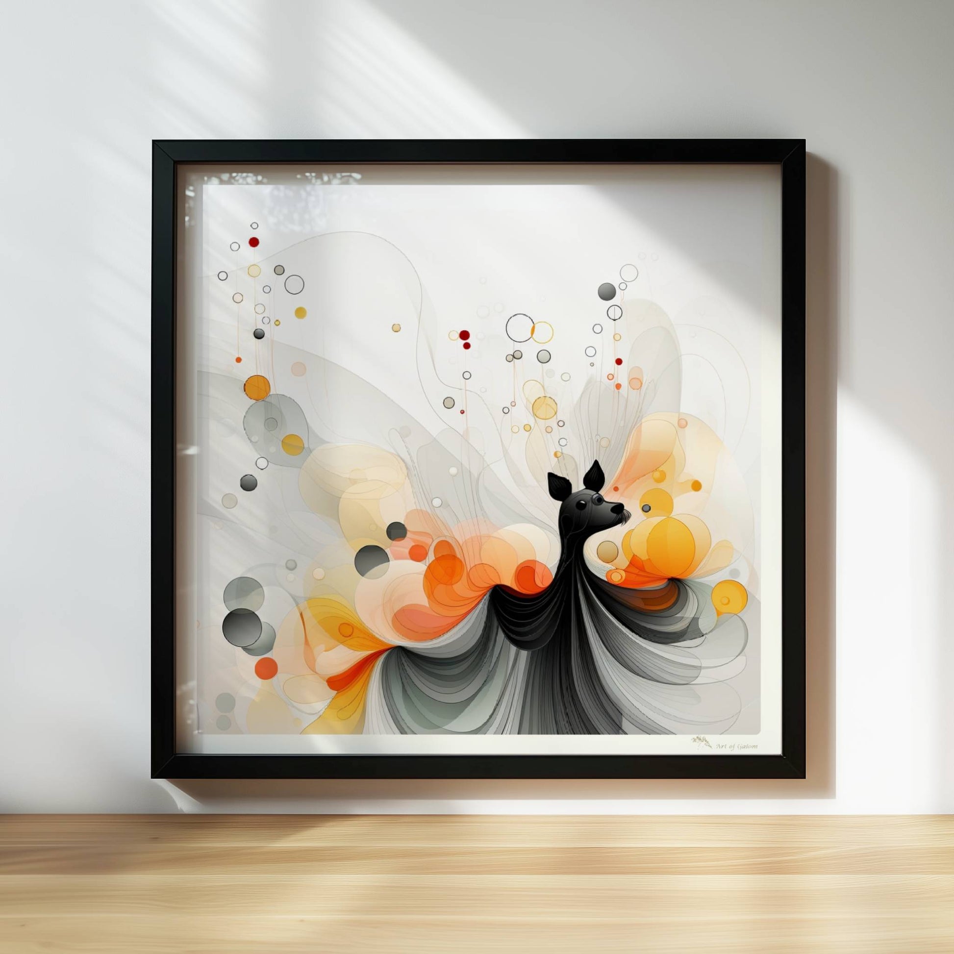 Verspielte Vektorgrafik eines kleinen Hundes mit abstrakten Blasen und Farbverläufen in Orange und Schwarz.. Rahmen schwarz 30x30