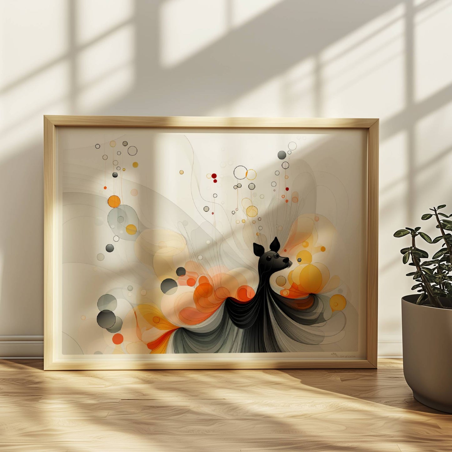 Verspielte Vektorgrafik eines kleinen Hundes mit abstrakten Blasen und Farbverläufen in Orange und Schwarz.. Rahmen natur 40x30