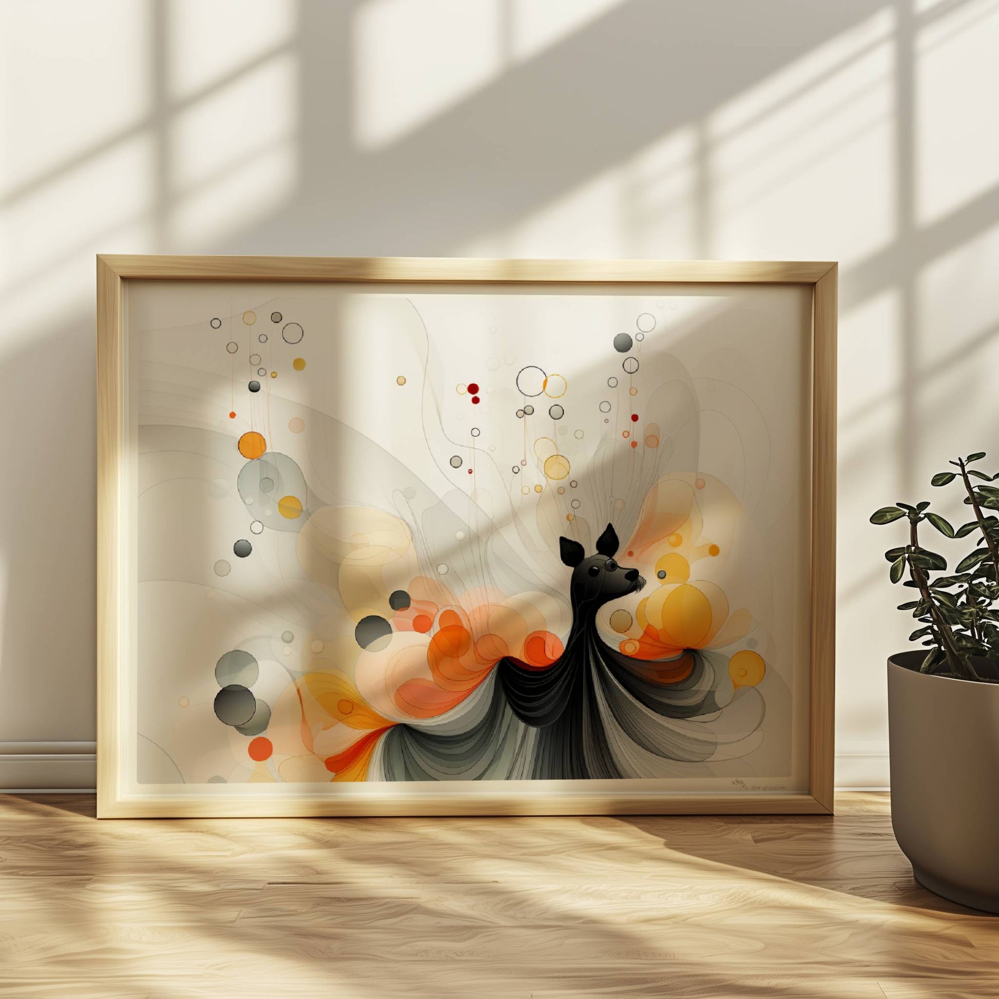 Verspielte Vektorgrafik eines kleinen Hundes mit abstrakten Blasen und Farbverläufen in Orange und Schwarz.. Rahmen natur 40x30