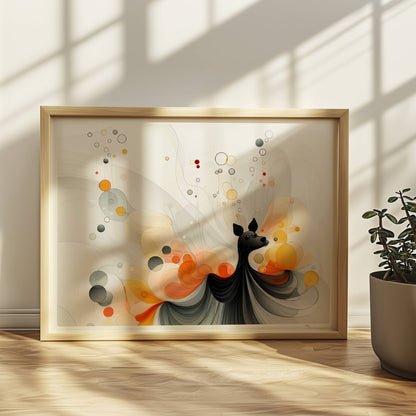 Verspielte Vektorgrafik eines kleinen Hundes mit abstrakten Blasen und Farbverläufen in Orange und Schwarz.. Rahmen natur 40x30
