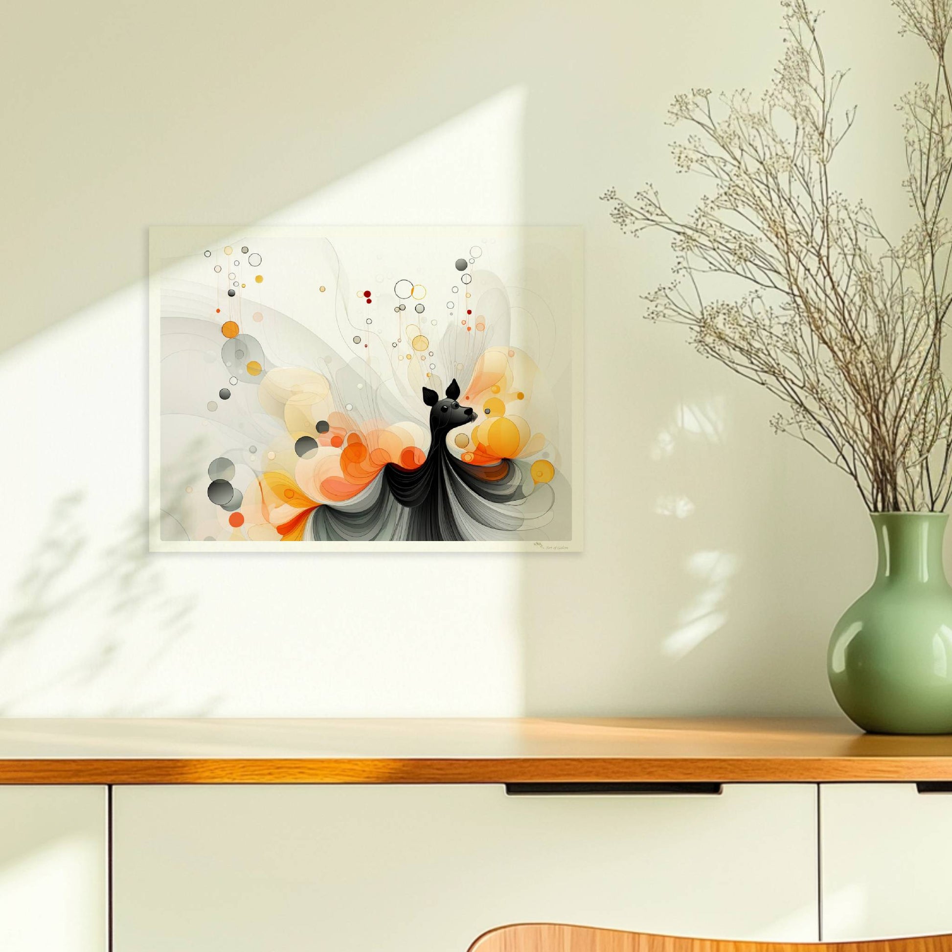 Verspielte Vektorgrafik eines kleinen Hundes mit abstrakten Blasen und Farbverläufen in Orange und Schwarz.. Ohne Rahmen 40x30