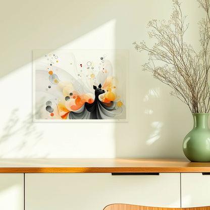 Verspielte Vektorgrafik eines kleinen Hundes mit abstrakten Blasen und Farbverläufen in Orange und Schwarz.. Ohne Rahmen 40x30