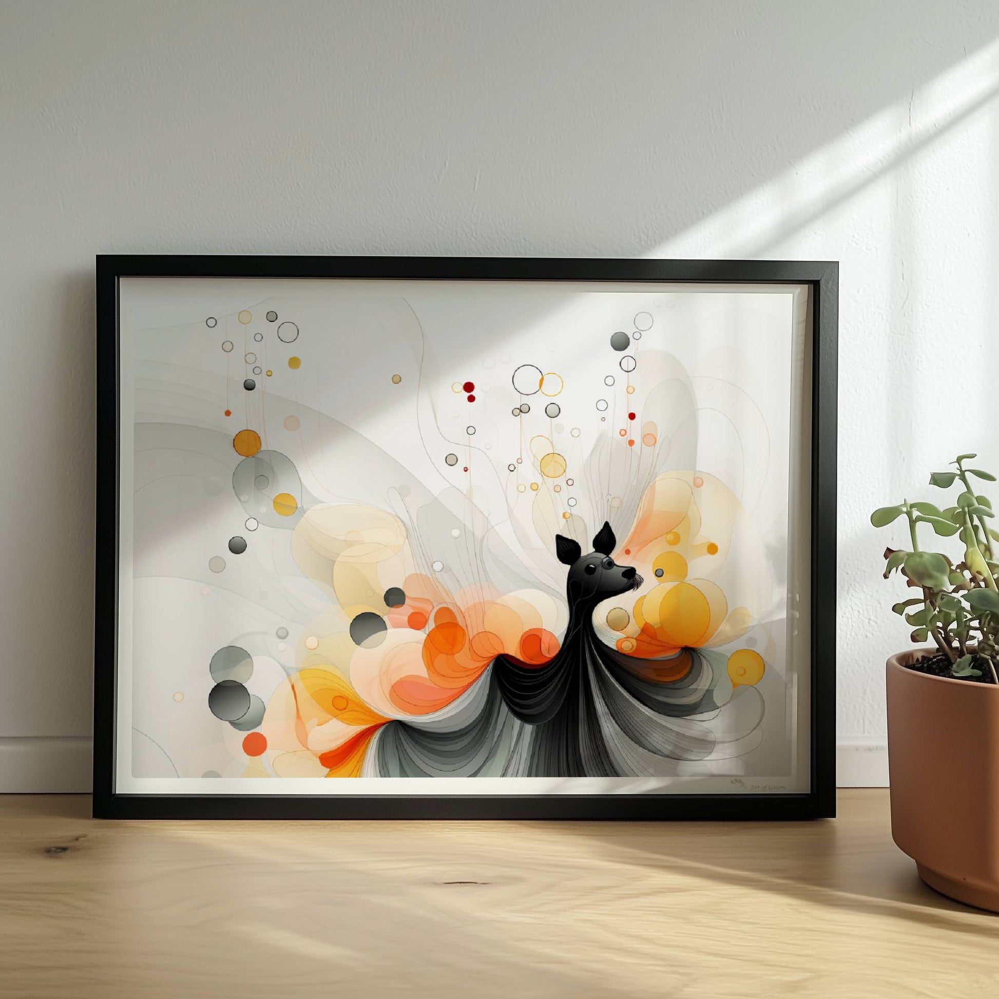 Verspielte Vektorgrafik eines kleinen Hundes mit abstrakten Blasen und Farbverläufen in Orange und Schwarz.. Rahmen schwarz 40x30