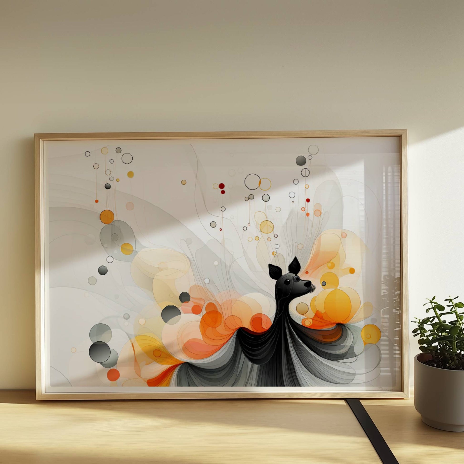 Verspielte Vektorgrafik eines kleinen Hundes mit abstrakten Blasen und Farbverläufen in Orange und Schwarz.. Rahmen natur 70x50